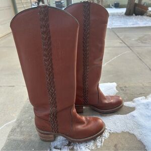 Frye Sabrina Campus Braided Vintage Riding Heeled Tall Boot Leather Size 7.5 USA